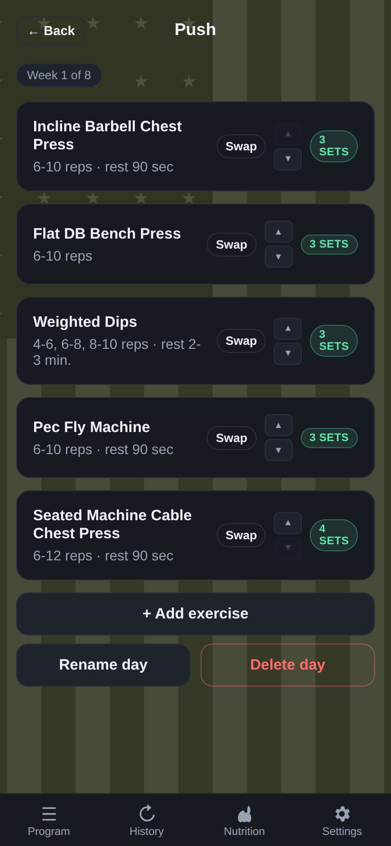 A training day listing each exercise with its rep range, rest time and set count