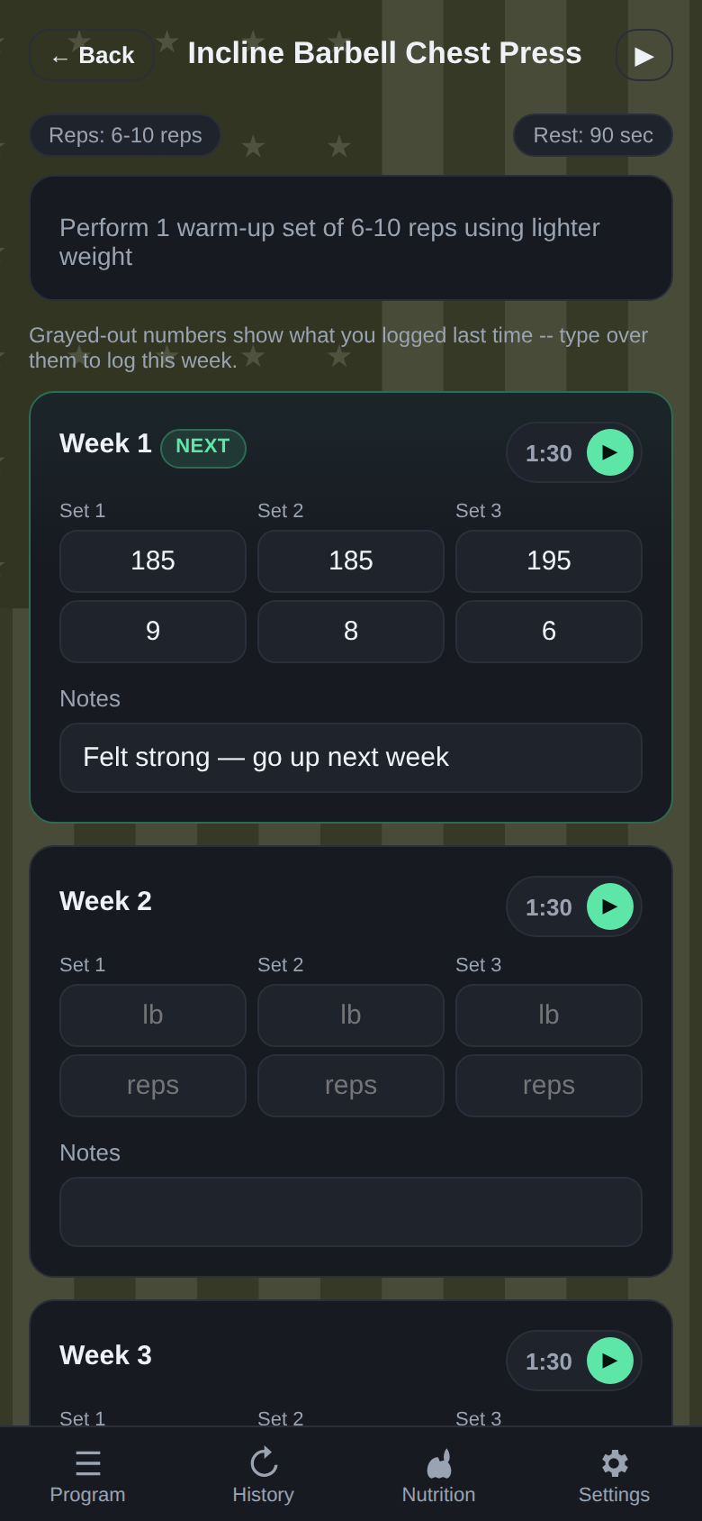 Logging sets, reps and notes for an exercise, with a rest timer