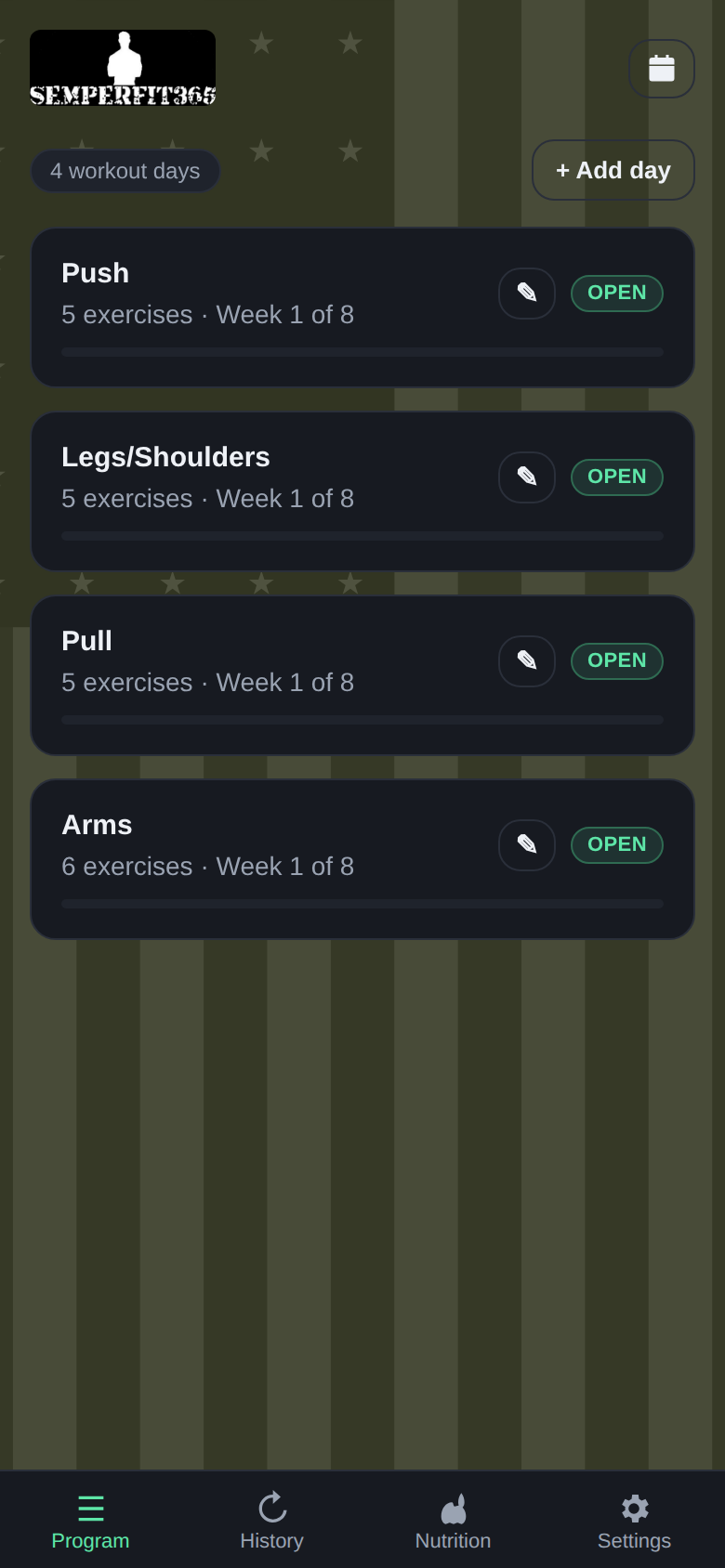 The SemperfitGO program screen listing four workout days